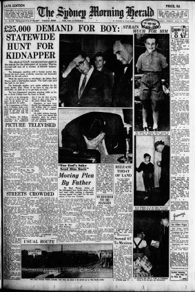 Front page of the Sydney Morning Herald the day after Graeme Thorne disappeared on July 7, 1960.