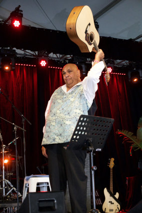 Kutcha Edwards on stage at the weekend return of Port Fairy Folk Festival.