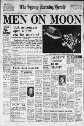 Late edition of the Herald on Monday July 21, 1969, declaring "MEN ON MOON",  printed after the Eagle had landed at 6.17am Sydney time.