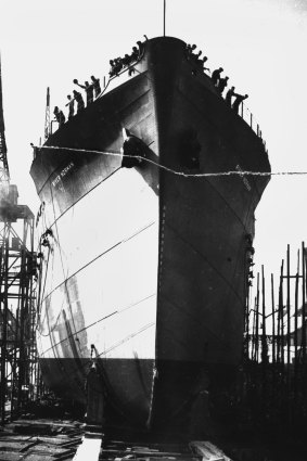 The “River Norman” ship being launched at the dock (date unknown).