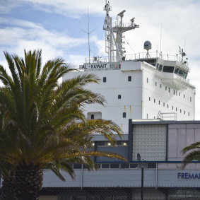 Six crew members of sheep carrier the Al Kuwait have been diagnosed with COVID-19. Al Kuwait seen here docked in Fremantle, May 26, 2020. 