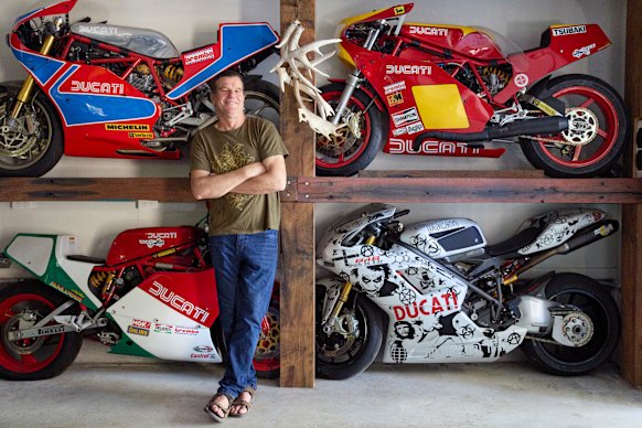 Part Ducati motorbike storage, part granny flat for his son, Jonathon’s garage has extended the footprint of his house. 