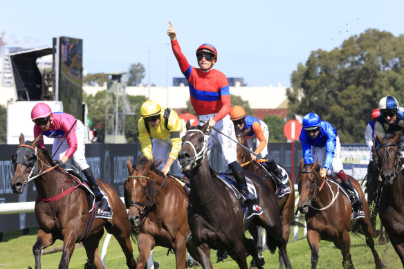 James McDonald salutes on horse of they year Verry Elleegant as she wins the Ranvet Stakes.