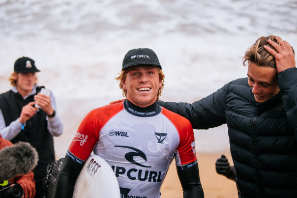 Xavier Huxtable, left, after his stunning heat win at Bells Beach.