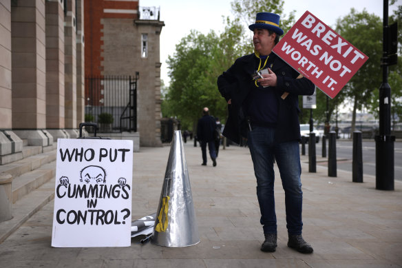 A protester in London lets all know how he feels about Brexit.