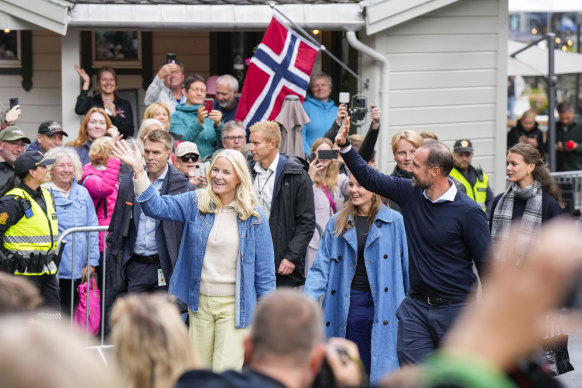 Members of Norway’s royal family arrive in the village of Geiranger on Friday, ahead of the wedding.