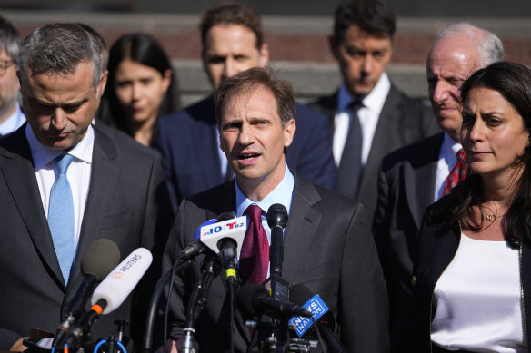 Attorney Justin Nelson, representing Dominion Voting Systems, speaks outside court after the defamation lawsuit against Fox was settled on April 18.