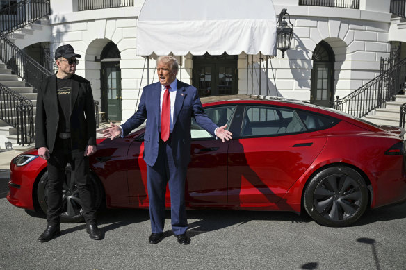 Donald Trump and Elon Musk speak to reporters with the red Model S Tesla at the White House.
