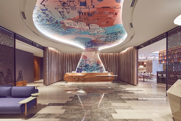 The lobby, featuring a work by local artist Simon Ng.