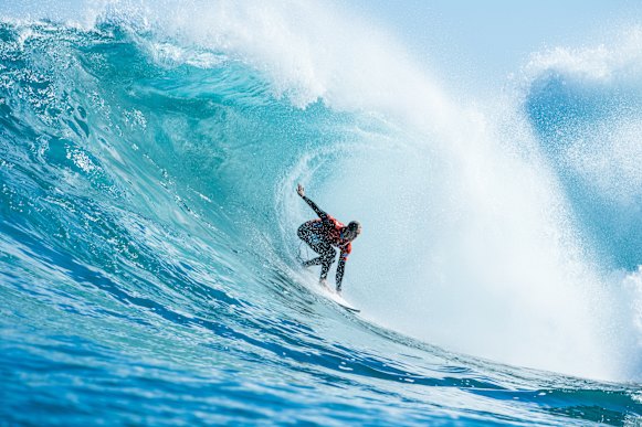 South West local Jacob Willcox surfs The Box in the round of 16 at the Margaret River Pro on Wednesday.