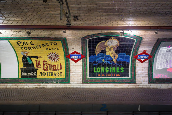 Vintage advertising  at the  former Chamberi Station of Madrid.