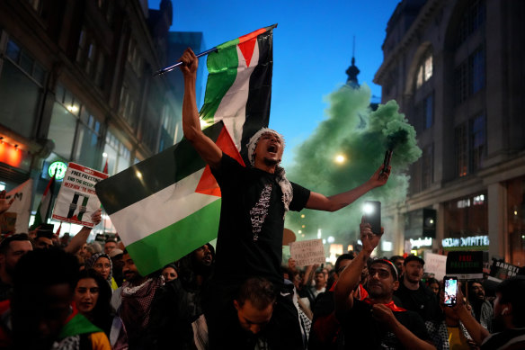 A demonstration in support of Palestine at the Israeli Embassy in London on Monday.
