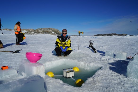 A tide gauge is deployed in an ice hole at Casey research station, the site of an Antarctic "heatwave" earlier this year.