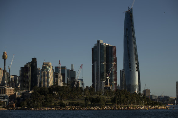 Crown's casino tower dominates the Barangaroo skyline. 