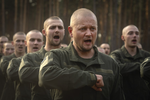 Newly recruited soldiers at the end of their training at a military base close to Kyiv in September.