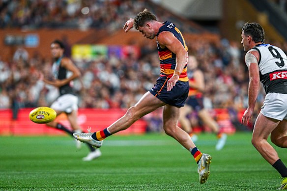 Adelaide’s Ben Keays after slotting a goal.