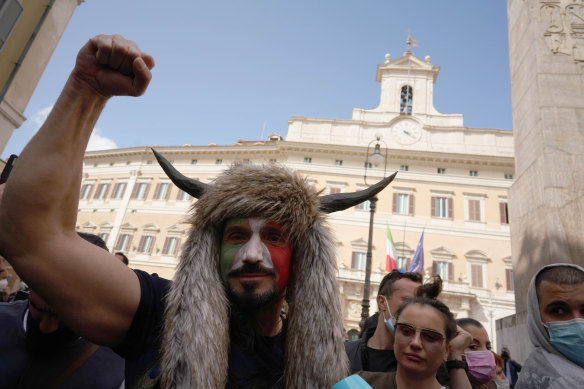 Demonstrators gathered outside parliament during a protest in Rome on Tuesday.