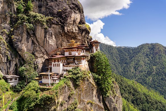 Taktsang or Tiger’s Nest Monastery clings to a mountain in Bhutan.