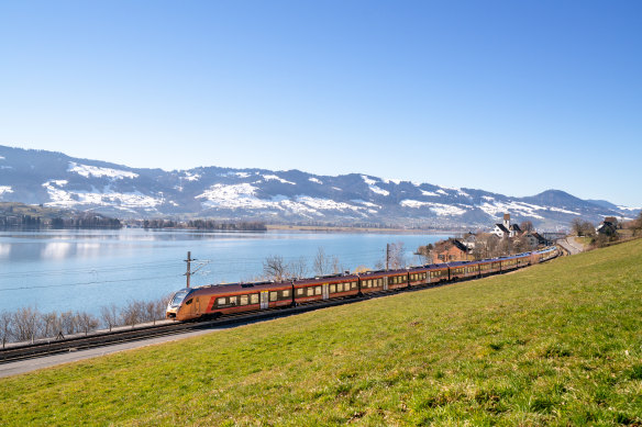 The Voralpen-Express passes pleasant scenery including long attractive lakes.