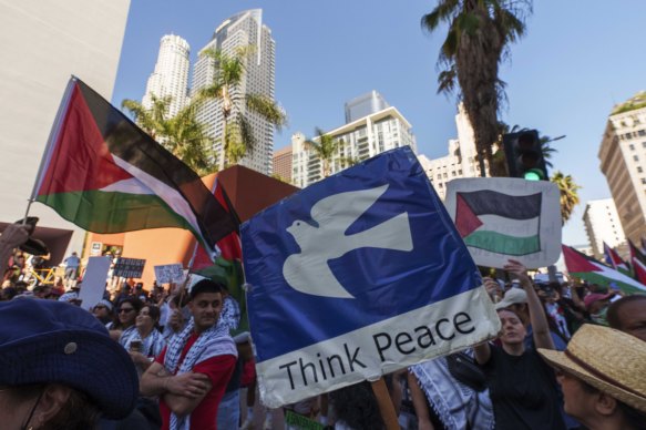 Thousands attend a pro-Palestinian march calling for a ceasefire in Gaza in Los Angeles on Saturday.