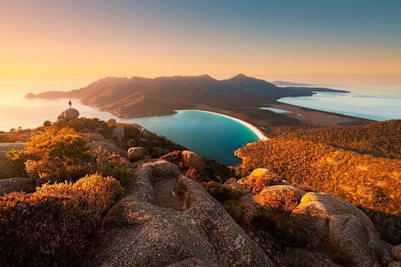 Sunrise over Wineglass Bay, Tasmania.