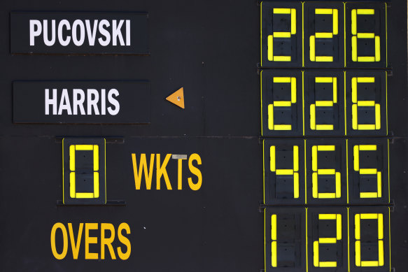 The scoreboard shows Will Pucovski and Marcus Harris breaking the Sheffield Shield partnership record held by Steve and Mark Waugh.