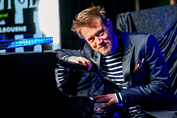 Eddie Perfect in Melbourne on Monday morning to announce his hit show Beetlejuice will be heading to Australia.
