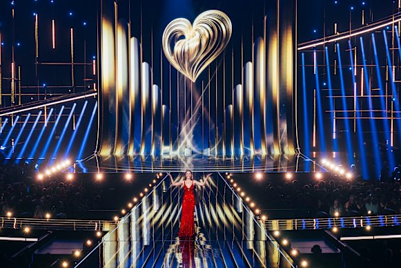 Eurovision host Victoria Swarovski on the stage in Vienna, Austria.