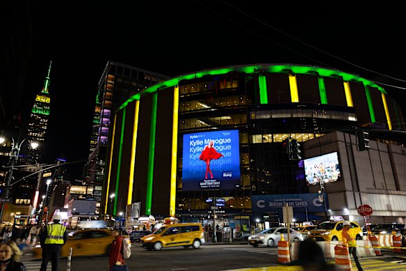 The Empire State Building, left, and Madison Square Garden lit up in Australian green and gold on April 4.