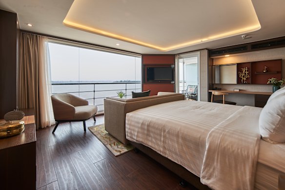 A deluxe twin balcony suite on Mekong Serenity.