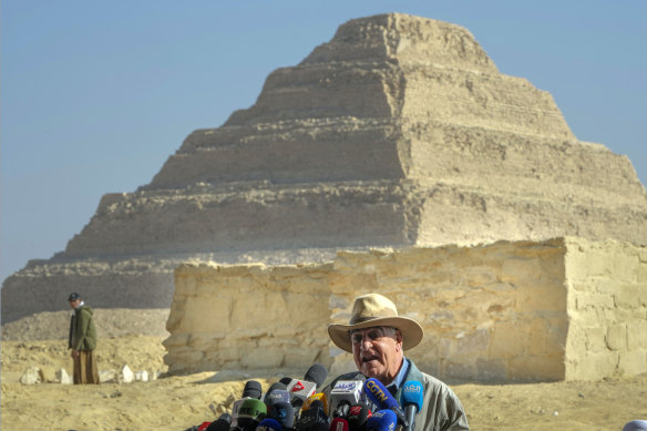 Egyptian archaeologist Zahi Hawass, the director of the Egyptian excavation team, speaks during a press conference at the site of the Step Pyramid of Djoser in Saqqara, near Cairo.