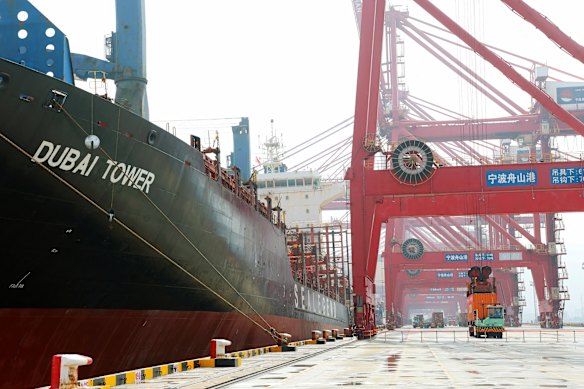 The Chinese cargo ship Dubai Tower in Ningbo, China, in August. This week, it finished a journey to England by going north through the Arctic Ocean.