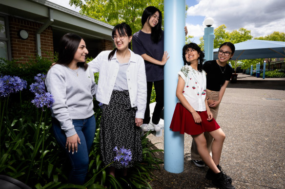 (Left to right) Marina Hindo, Cecilia Pham, Bonita Chen, Lauren Alzamora, and Emily Cao at Mary MacKillop Catholic College. 