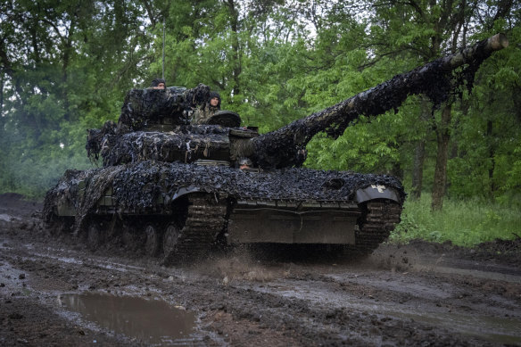 Ukrainian tanks on a road near Bakhmut in the Donetsk region.