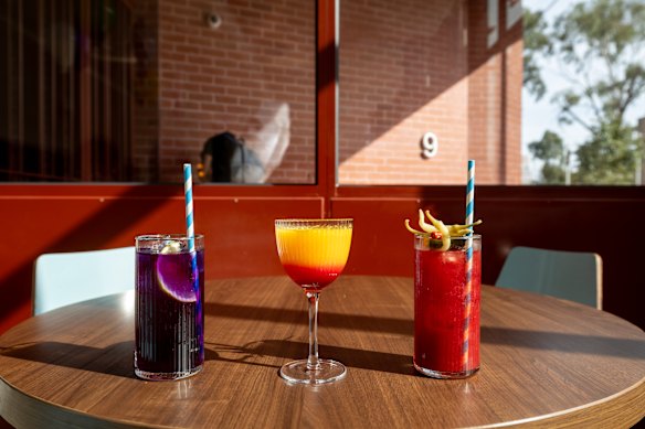From left: Butterfly pea and jasmine iced tea, and Mimosa Sunrise and Bloody Mary cocktails.