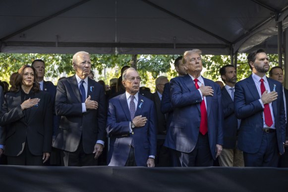 From left, Vice President Kamala Harris, President Joe Biden, ex-New York Mayor Michael Bloomberg, former president Donald Trump and  Senator J.D. Vance attend the 9/11 Memorial ceremony. 