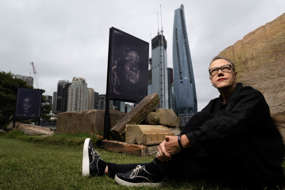 Artist Brenda Croft with a detail from an installation along the Barangaroo waterfront in Sydney.