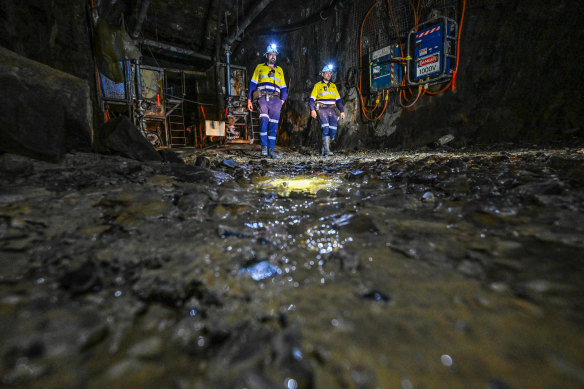 Dylan Morgan (left) and a colleague inspect the mine in Maldon where goldmining will soon resume. 