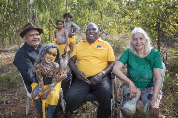 Yunupingu with Noel Pearson and Marcia Langton at Garma in 2018.