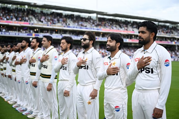 Pakistan sing the national anthem on day one of the Lord’s Test.