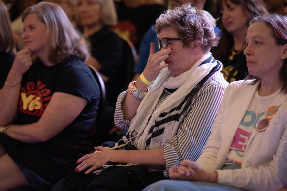 Emotional Yes supporters listen to Yes23 campaign leader Dean Parkin.