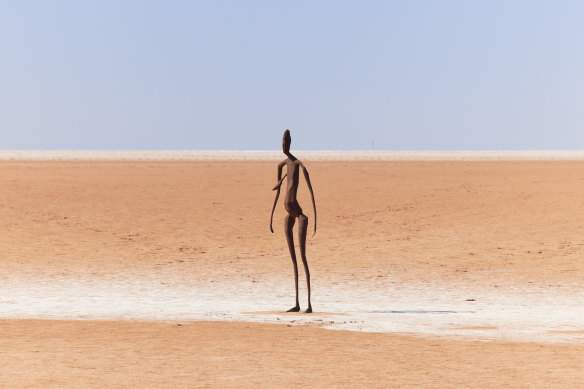 An Antony Gormley sculpture at Lake Ballard in WA.