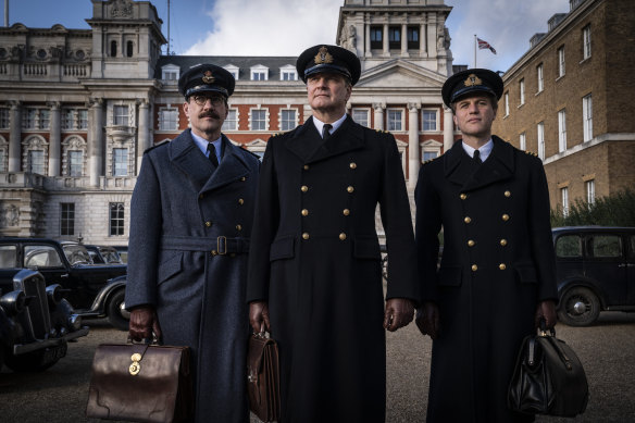 Matthew Macfadyen (left) as Charles Cholmondeley, Colin Firth as Ewen Montagu and Johnny Flynn as Ian Fleming in Operation Mincemeat.