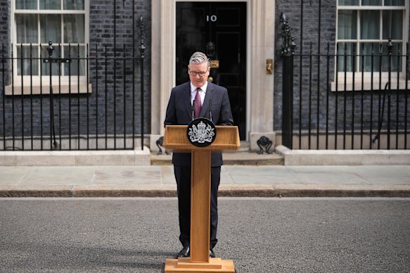 Britain’s Prime Minister Keir Starmer speaks to the media outside 10 Downing Street in London.