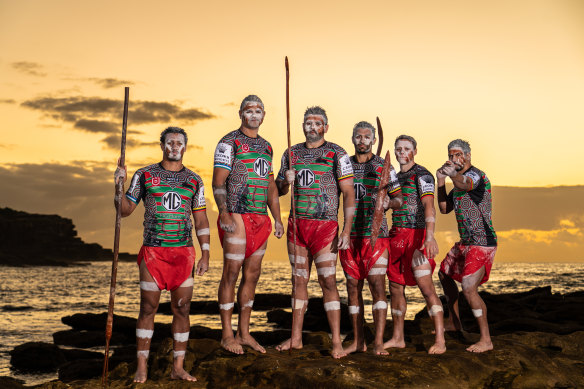 Pride of the league: Latrell Mitchell and Indigenous Rabbitohs teammates model the club’s Indigenous Round jersey.