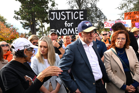 Prime Minister Anthony Albanese at the rally in Canberra on Sunday to call for action to end violence against women.