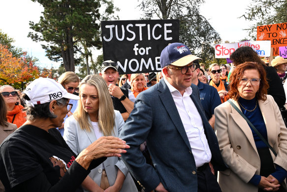 Australian Prime Minister Anthony Albanese attends a rally to a call for action to end violence against women, in Canberra on Sunday