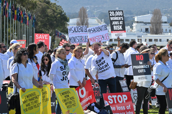 Several hundred pharmacists protest 60-day script changes outside Parliament House.