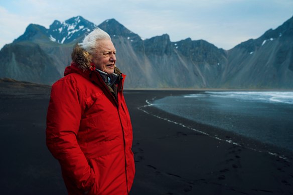 Sir David Attenborough on Stokksnes beach, Iceland filming for Seven Worlds, One Planet. 