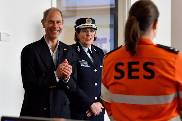 His Royal Highness Prince Edward, Duke of Edinburgh and NSW SES commissioner Carlene York meet with NSW State Emergency Service (SES) volunteers.